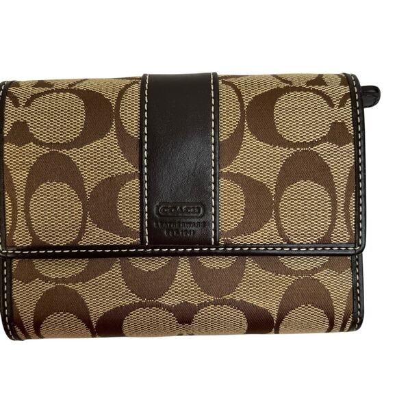 COACH Signature Bifold Wallet Coin ID Holder Brown Tan Khaki Canvas Leather - Picture 1 of 15
